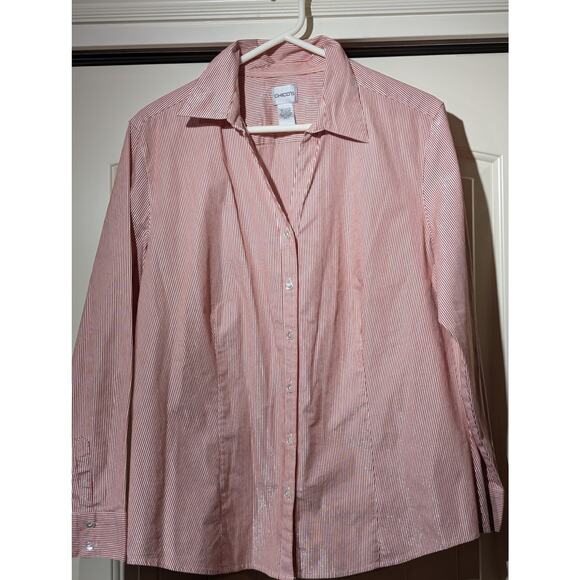 Chico's Red Silver Metallic Stripe Button Front Blouse Womens Size 3 (XL-16) - Picture 1 of 8